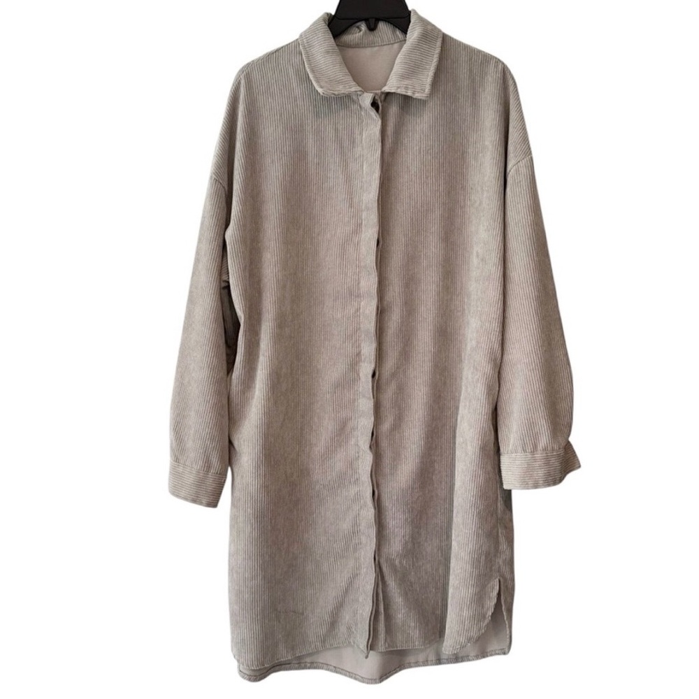 Elegant Gray Longline Button Down Corduroy Shacket Jacket - Picture 3 of 7